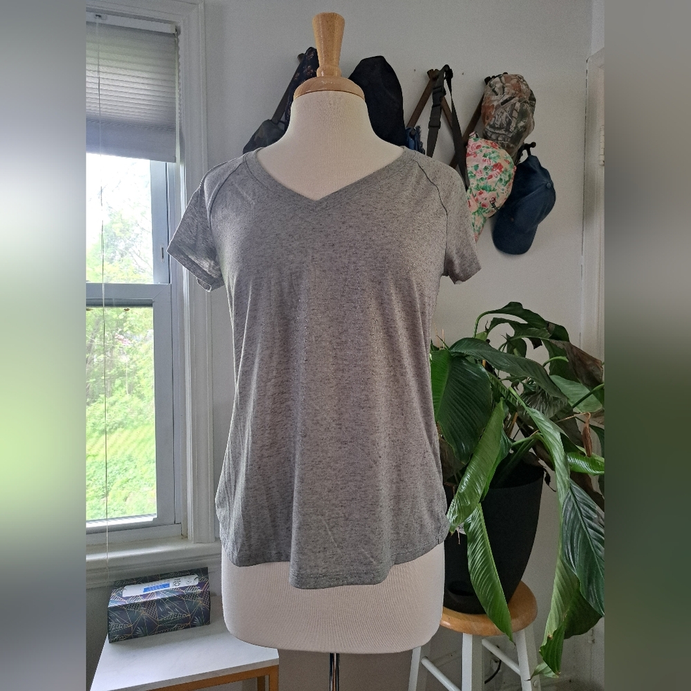 Gray Sparkles Juicy Couture Short Sleeve V-neck Shirt Size Medium